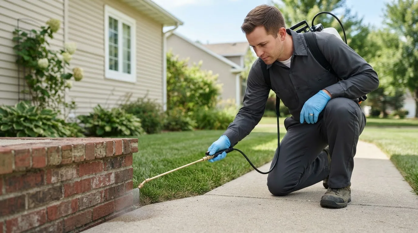 Pest control technician treating a home near Rollinsford, NH